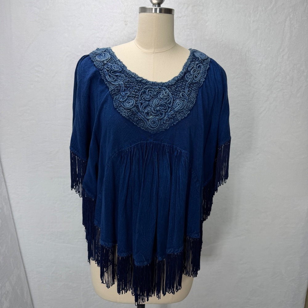 Indigo Blue Fringe Boho Western Embroidery Festival Top Short Sleeve Women Small